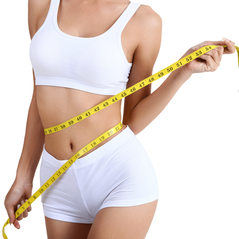 Woman in athletic wear highlighting abdominal area for weight loss wellness program