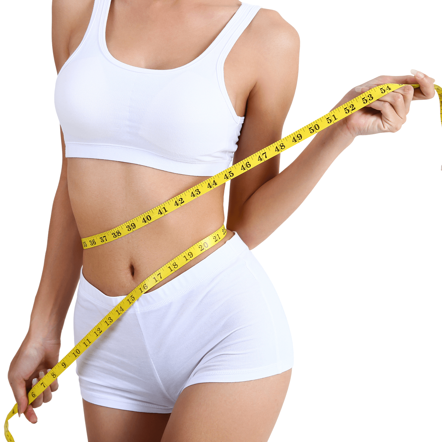 Woman in athletic wear highlighting abdominal area for weight loss wellness program