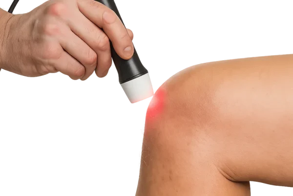 Handheld laser therapy device applied to knee for pain relief and inflammation treatment
