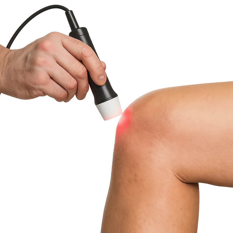 Handheld laser therapy device applied to knee for pain relief and inflammation treatment